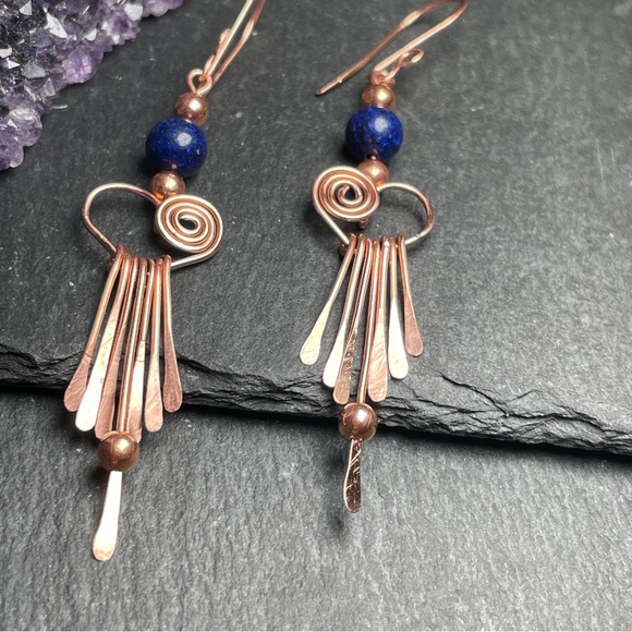 Genuine Blue Lapiz Lazuli Beaded Fringe Copper Earrings Artisan Designed - Picture 7 of 15